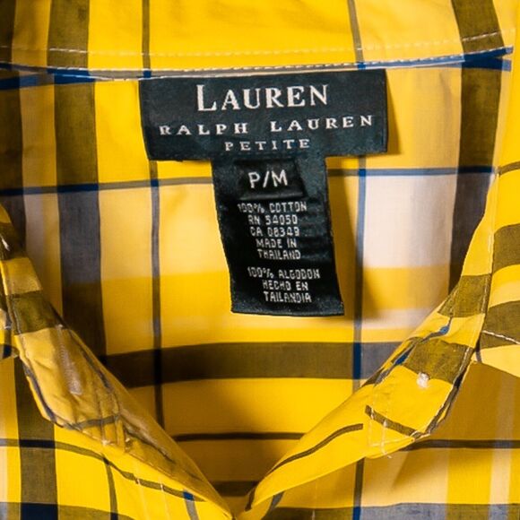 Ralph Lauren Women's Shirt Yellow Blue Plaid Check Logo Preppy Button Up Top PM - Picture 3 of 10